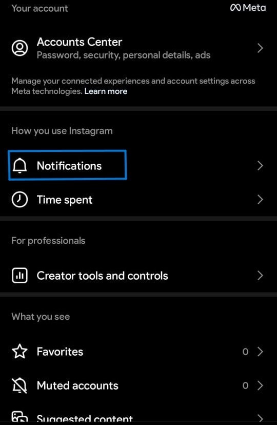 Go to the Notifications Option to use quiet mode on instagram